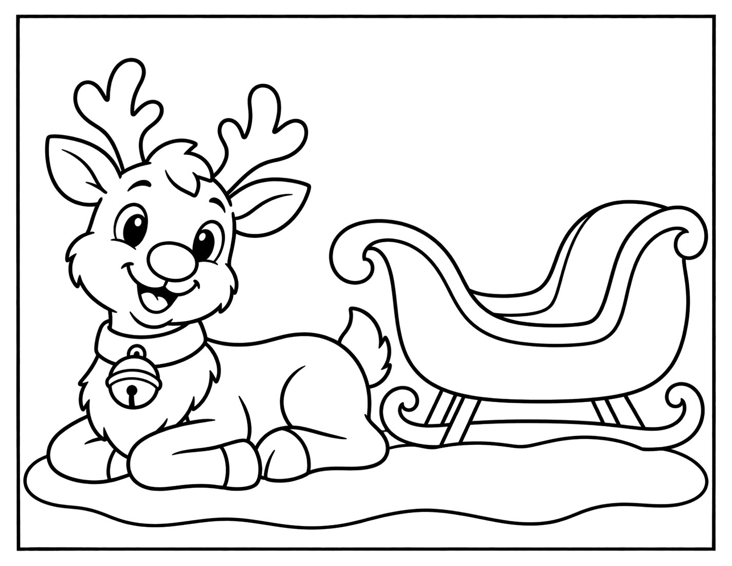 Outline drawing of a reindeer lying in the snow next to an empty sleigh
