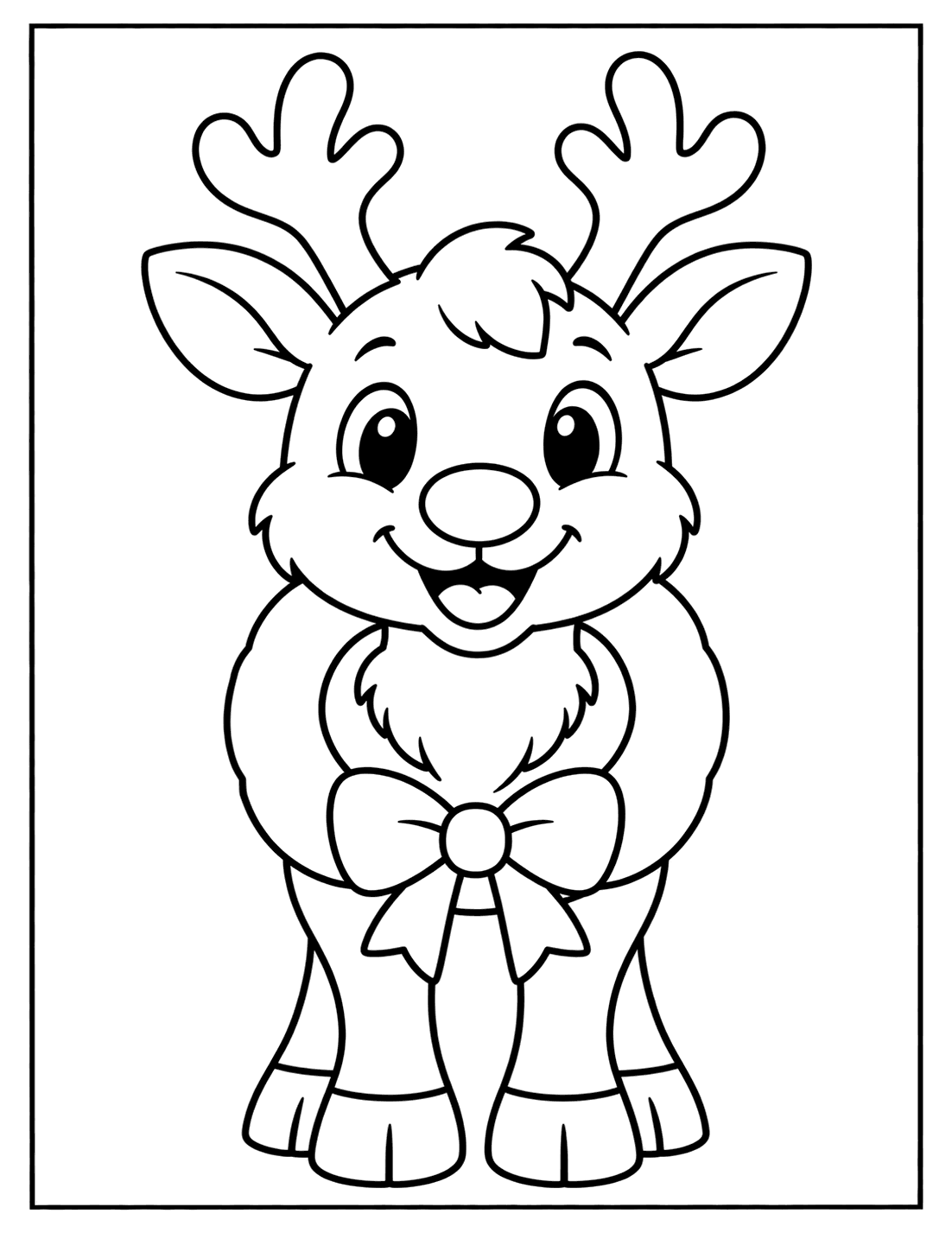 Outline drawing of a smiling reindeer wearing a Christmas wreath with a big bow around its neck