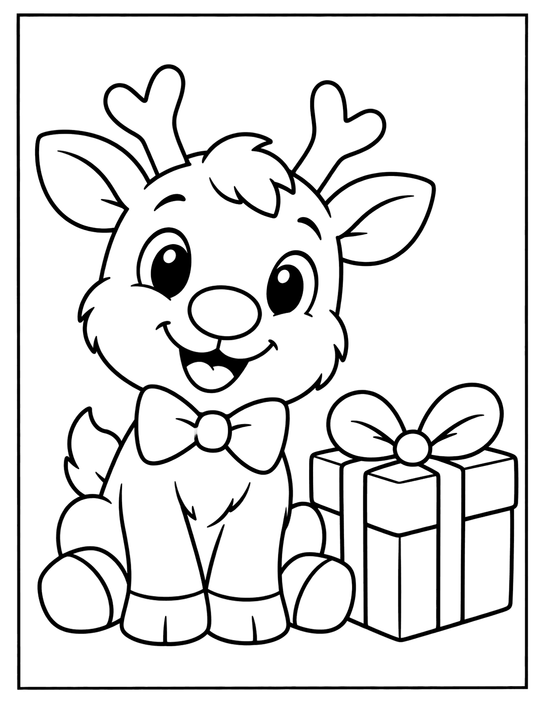 Outline drawing of a baby reindeer with a bow tie sitting next to a wrapped present