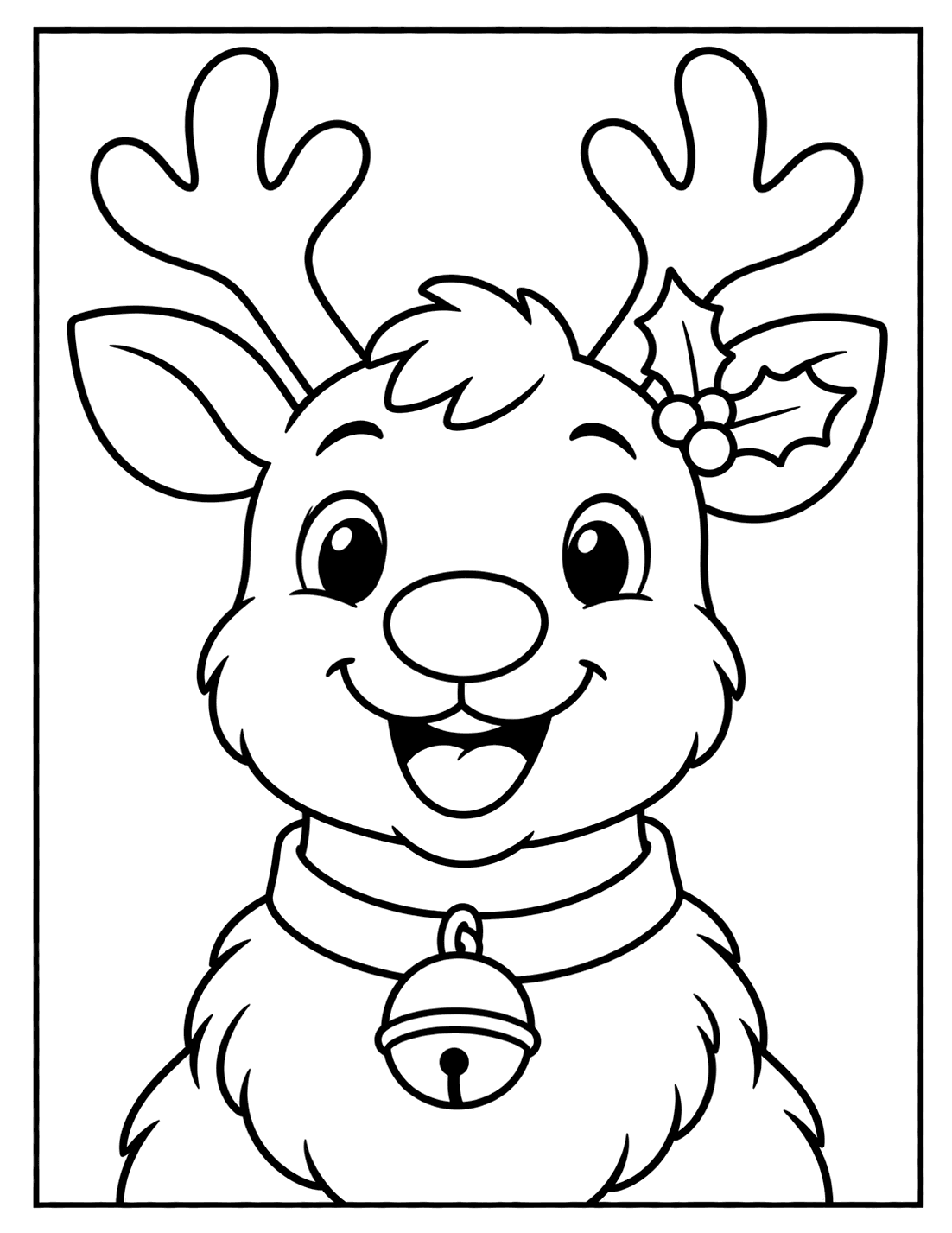 Outline drawing of a close-up smiling reindeer face with holly leaves by its ear and a bell on its collar