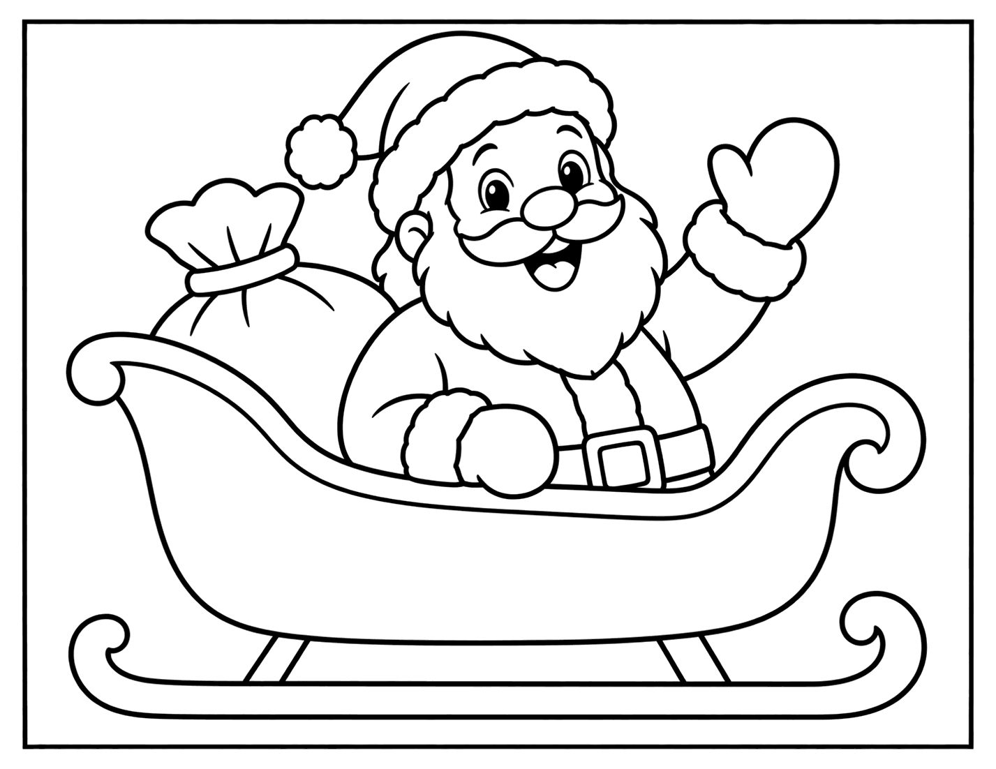 Outline drawing of Santa Claus sitting in his sleigh and waving with a sack of toys behind him