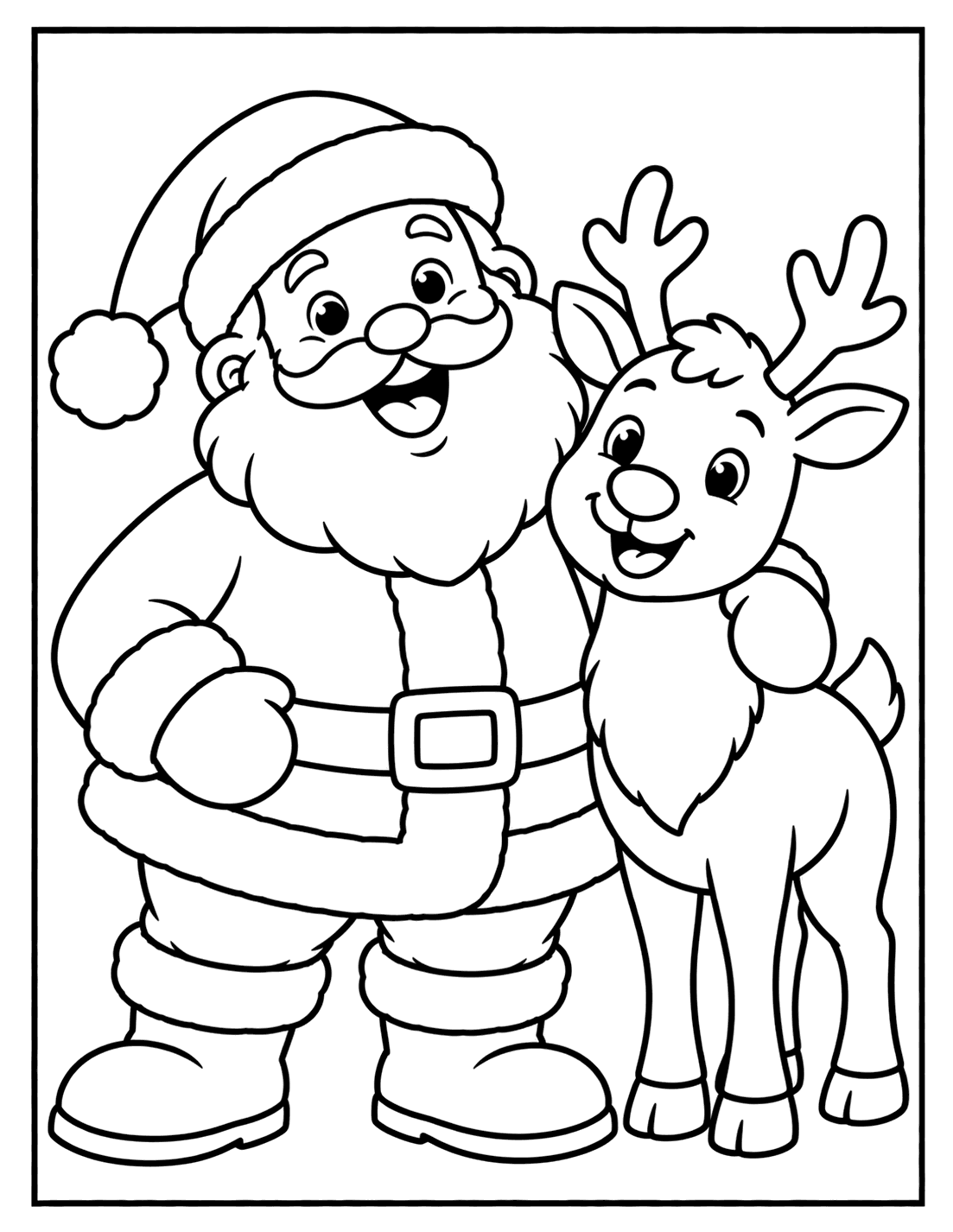 Outline drawing of Santa Claus hugging a smiling young reindeer with antlers