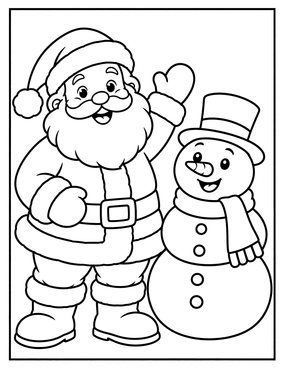 Outline drawing of Santa Claus waving beside a smiling snowman with a top hat, scarf, and carrot nose