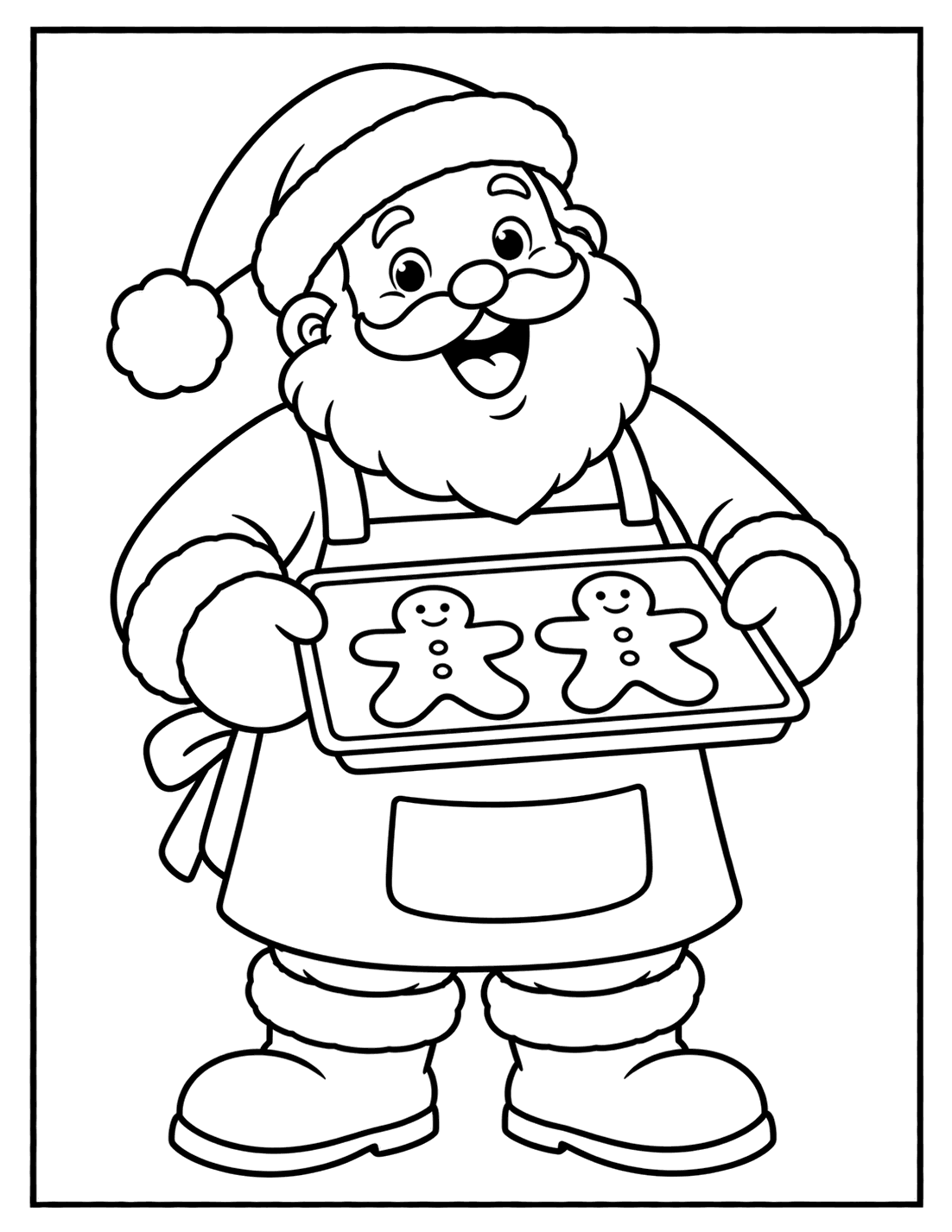 Outline drawing of Santa Claus wearing an apron and holding a tray of gingerbread cookies