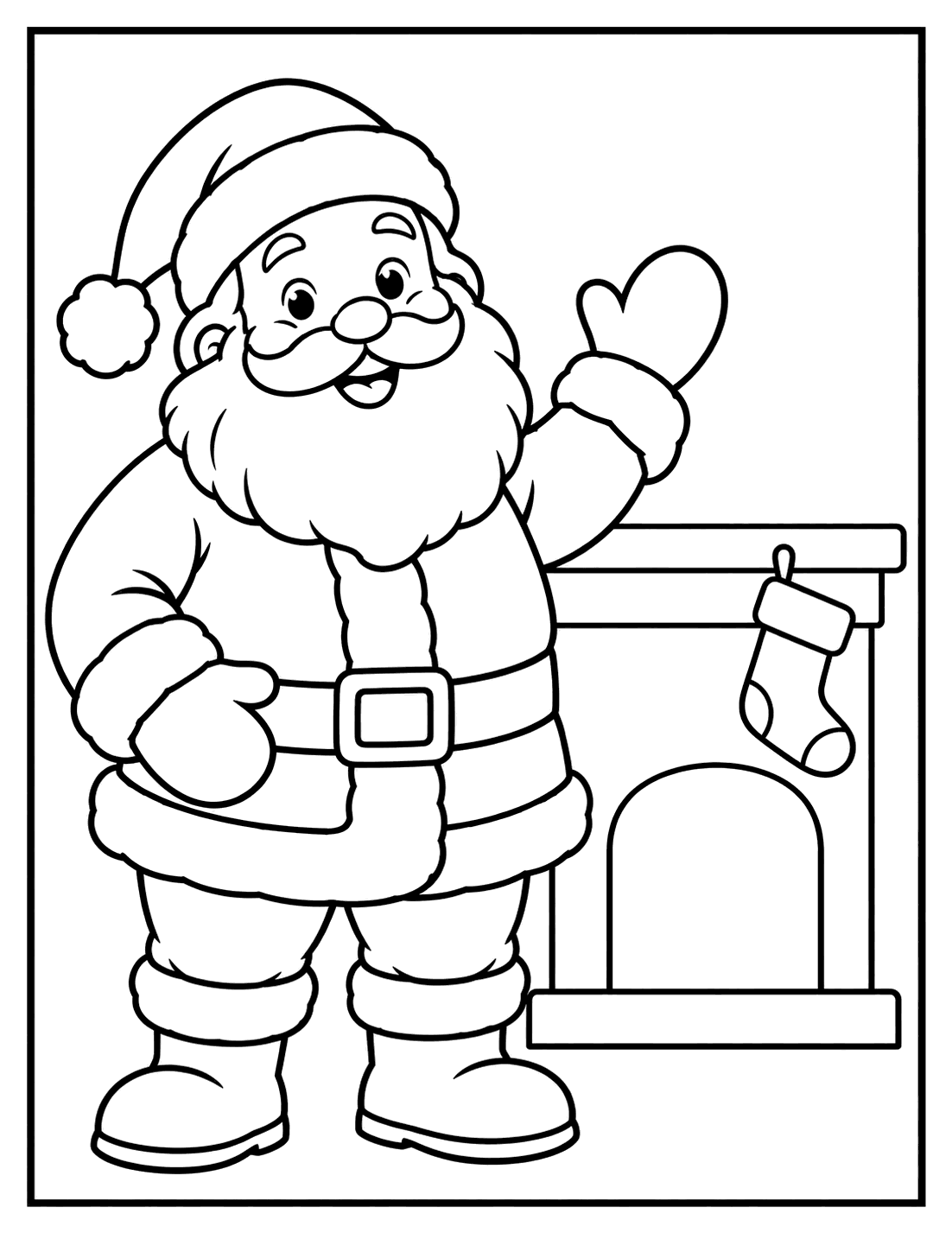 Outline drawing of Santa Claus waving next to a fireplace with a stocking hanging on the mantel