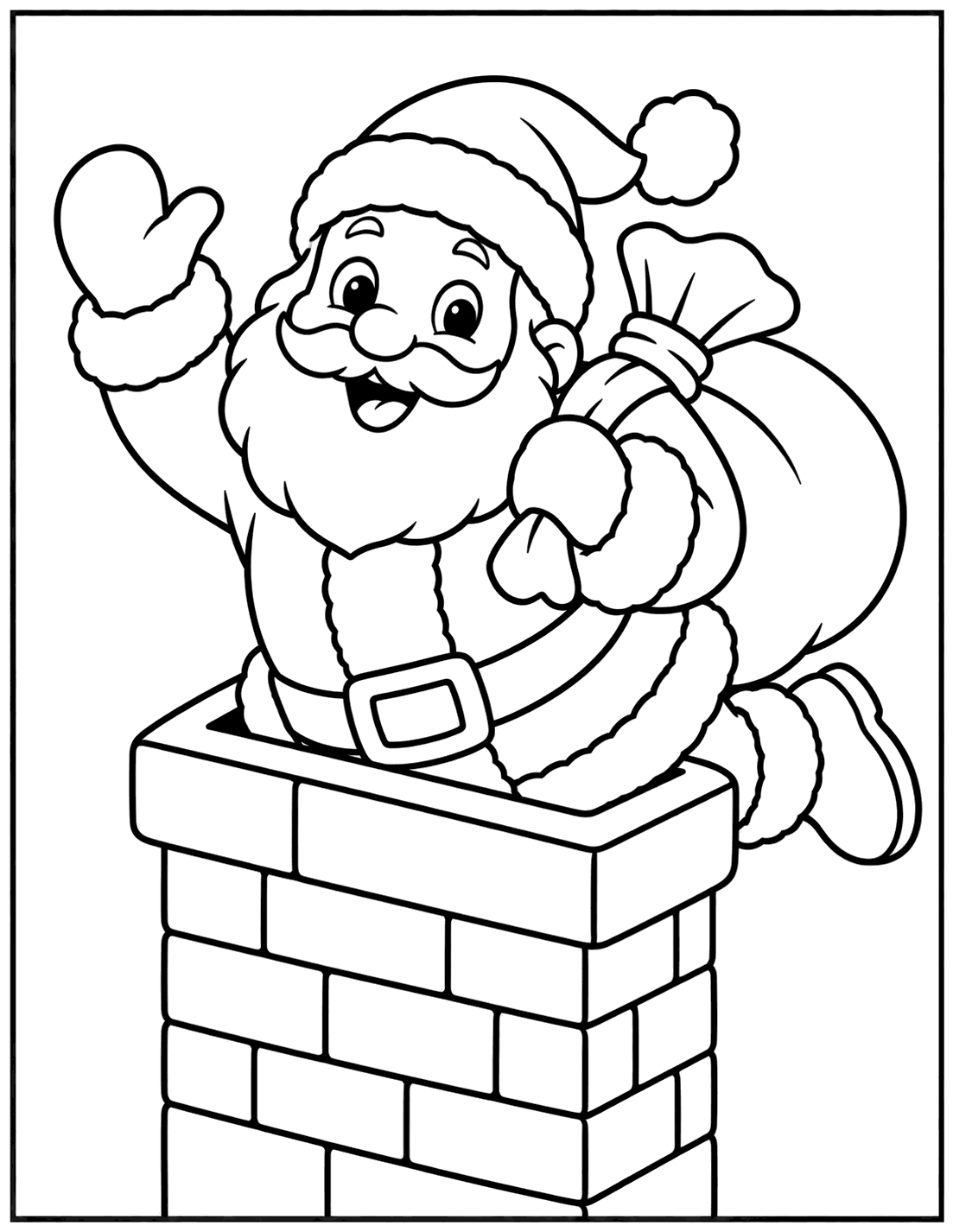 Outline drawing of Santa Claus climbing into a brick chimney with a sack of toys, waving