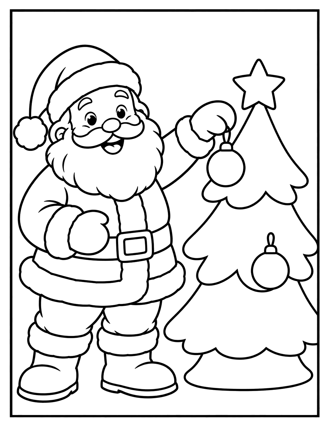 Outline drawing of Santa Claus hanging an ornament on a Christmas tree with a star on top