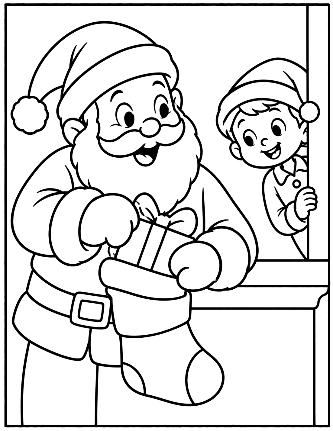 Outline drawing of Santa Claus putting a present into a stocking while a child peeks from a doorway
