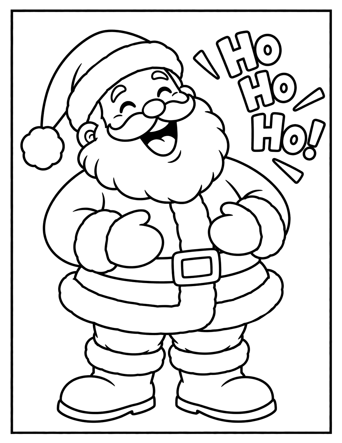 Outline drawing of Santa Claus laughing with his hands on his belly next to the words Ho Ho Ho