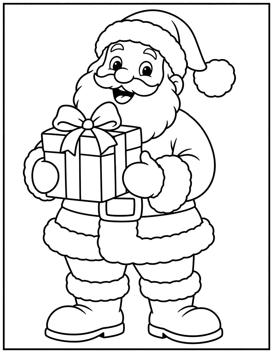 Outline drawing of Santa Claus holding a large wrapped present with a bow
