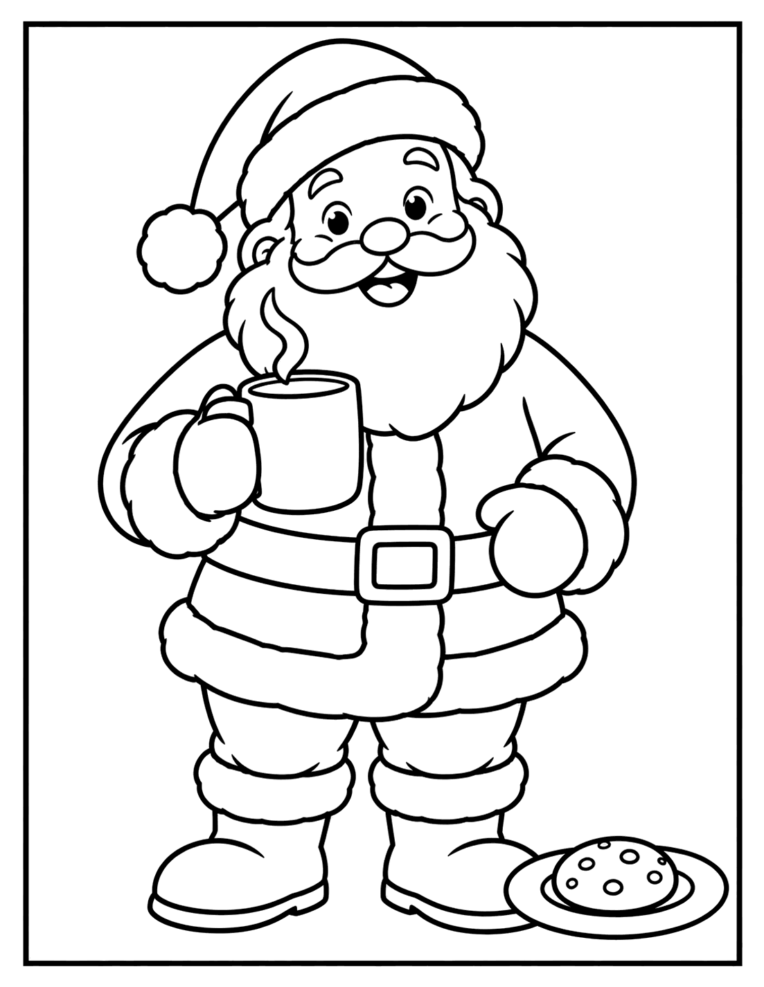 Outline drawing of Santa Claus holding a steaming mug with a plate of cookies on the floor