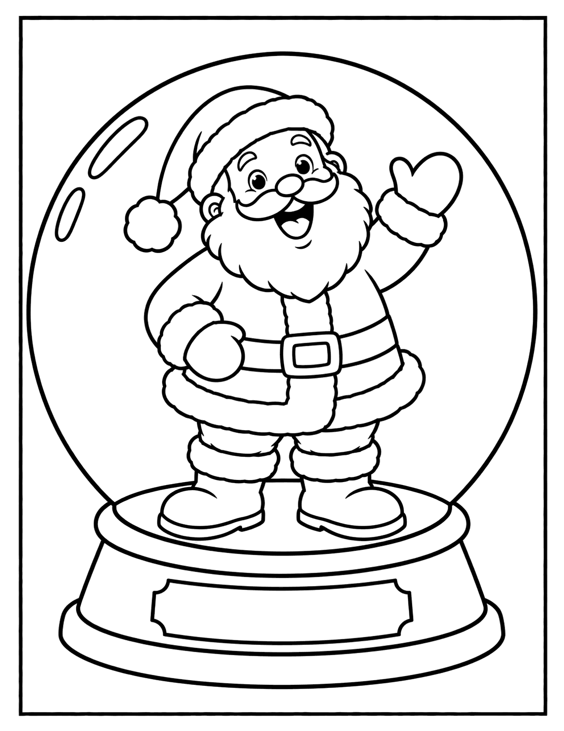 Outline drawing of a small Santa Claus waving inside a snow globe on a round base