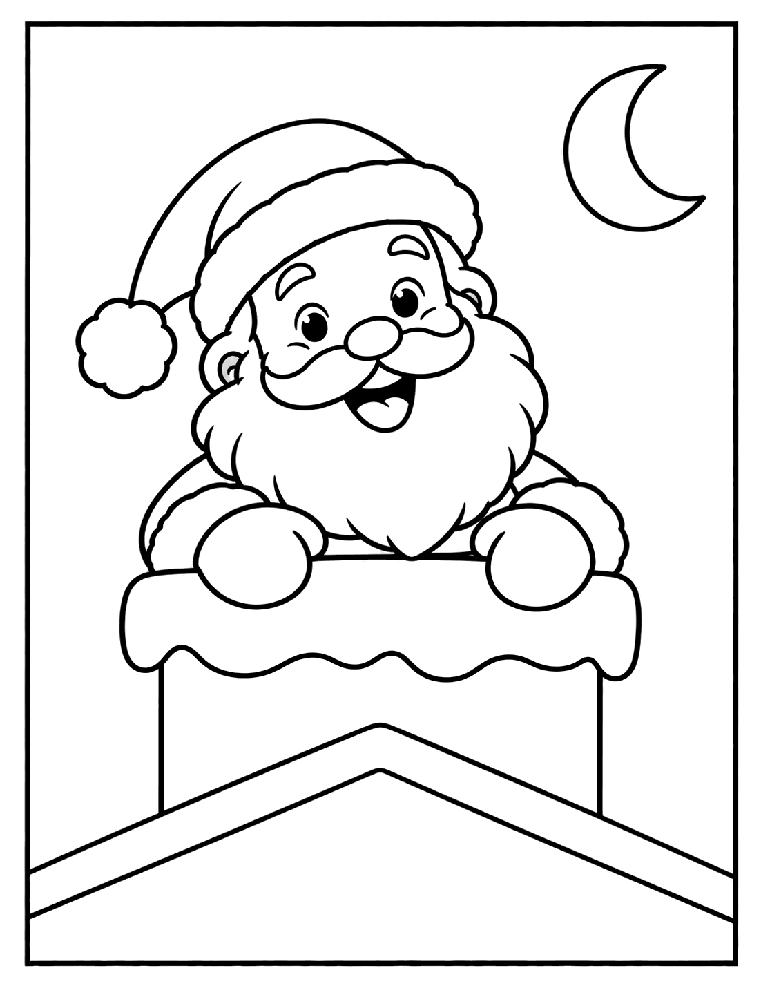 Outline drawing of Santa Claus peeking out of a snowy chimney on a rooftop with a crescent moon
