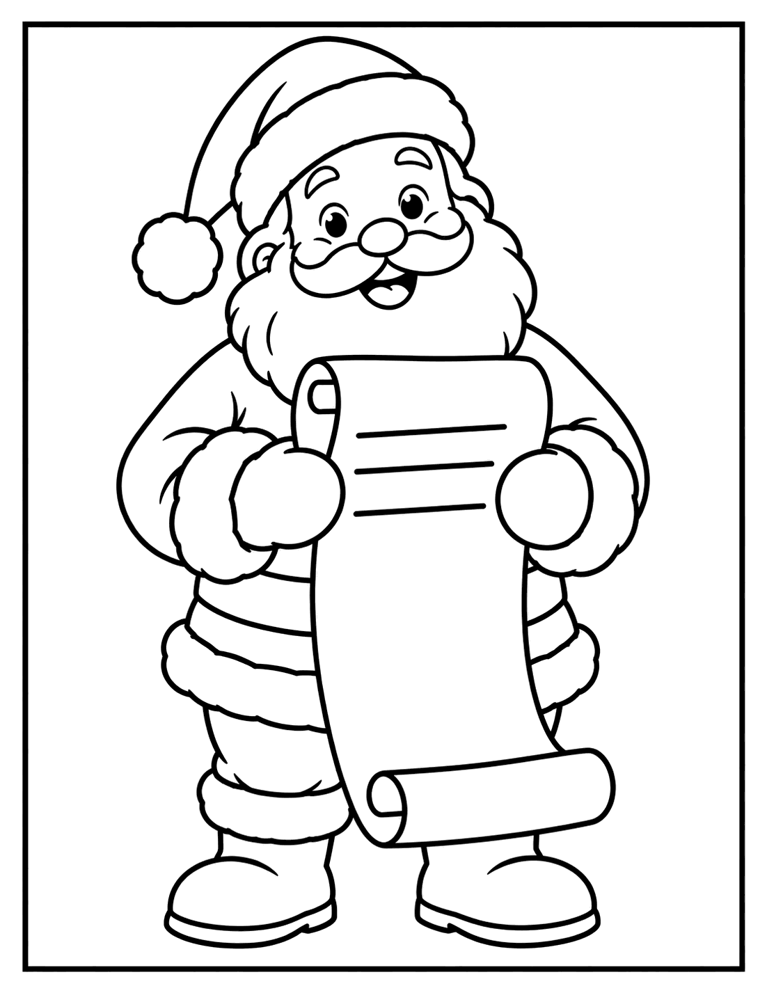 Outline drawing of Santa Claus holding an unrolled scroll list with both hands
