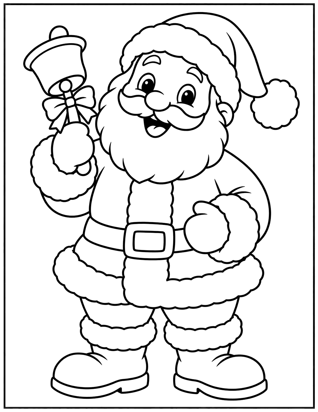 Outline drawing of Santa Claus holding up a Christmas hand bell with a bow