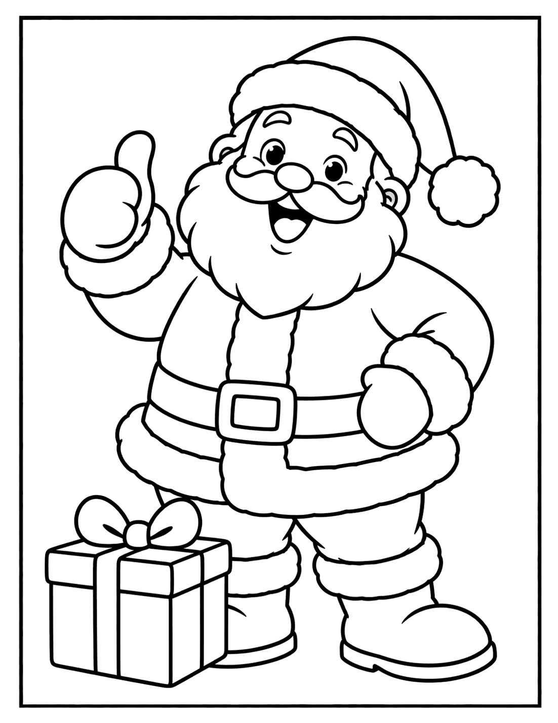 Outline drawing of Santa Claus giving a thumbs up beside a wrapped gift box