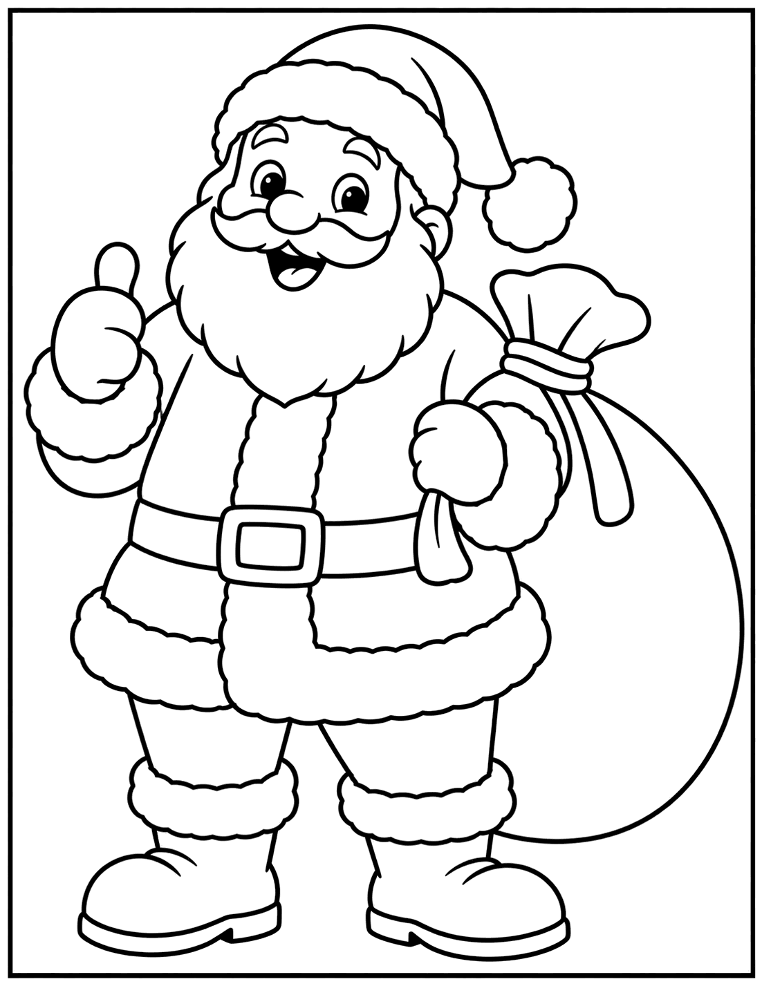 Outline drawing of Santa Claus giving a thumbs up and holding a large sack of toys