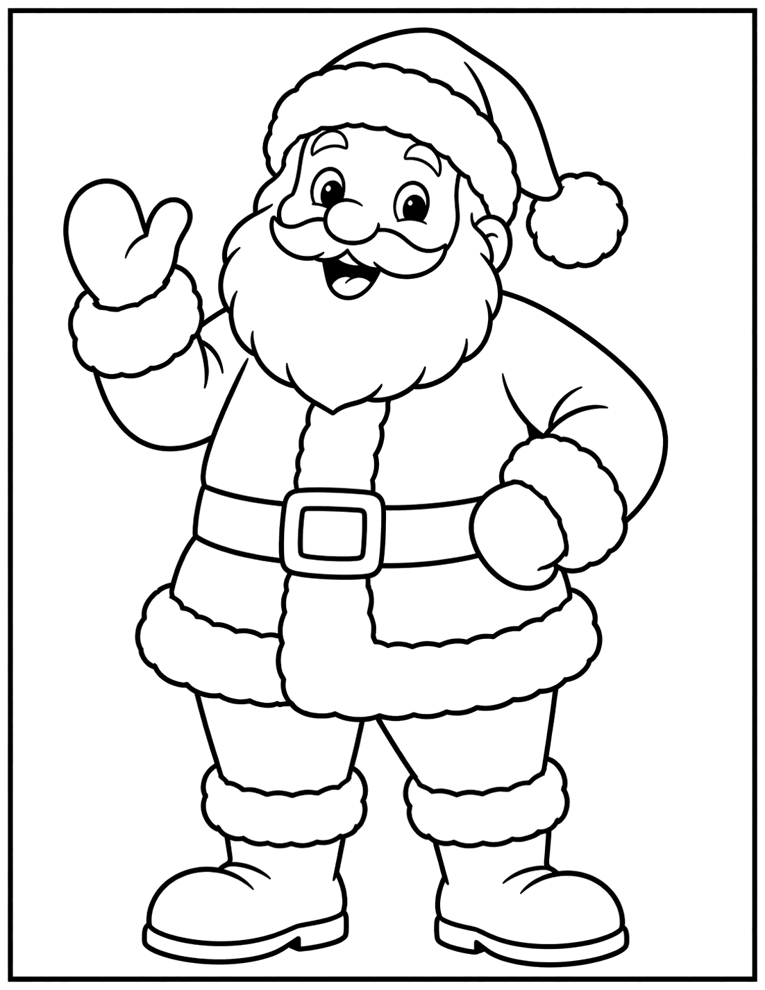Outline drawing of Santa Claus standing and waving hello with one mittened hand
