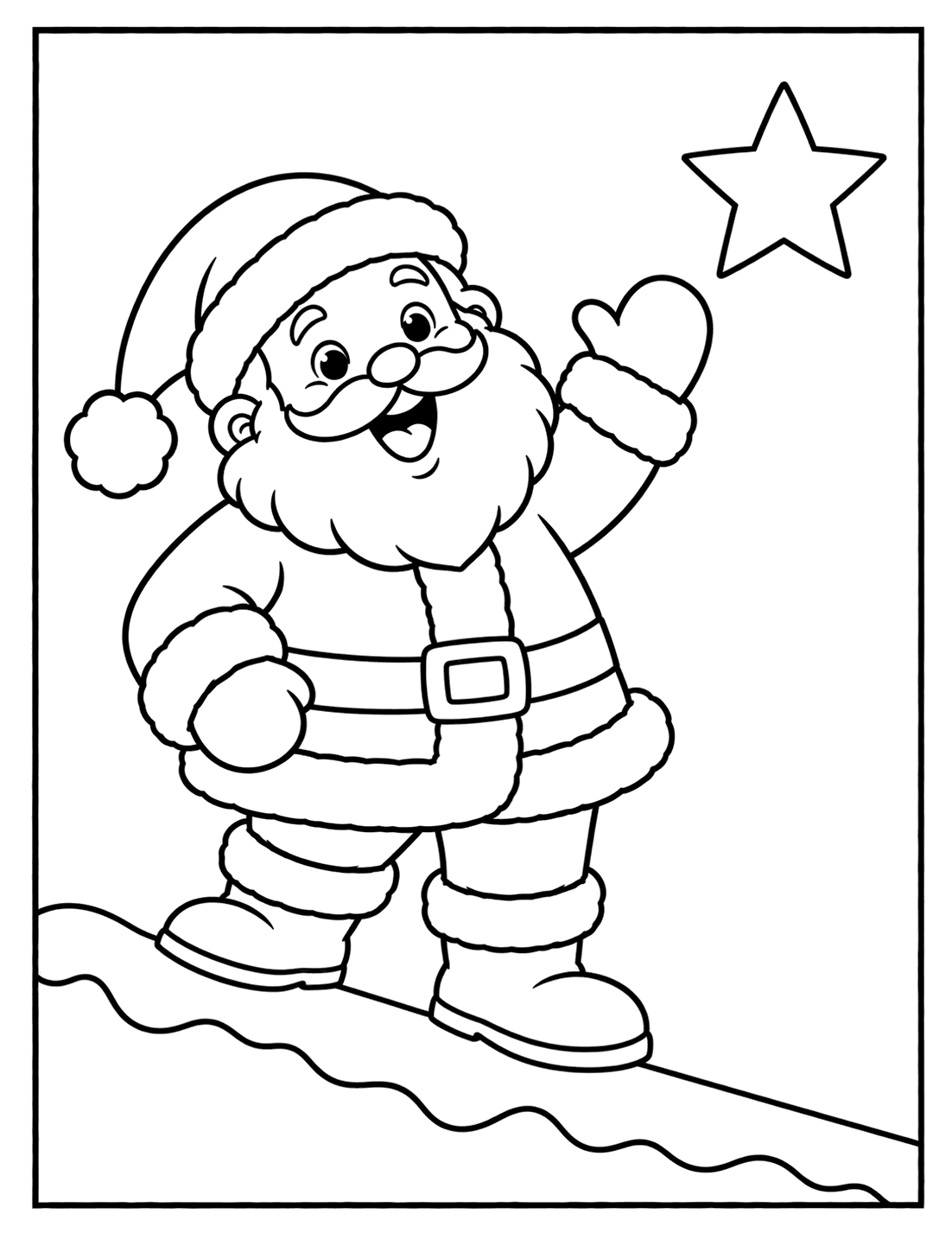 Outline drawing of Santa Claus standing on a snowy sloped rooftop, waving toward a star