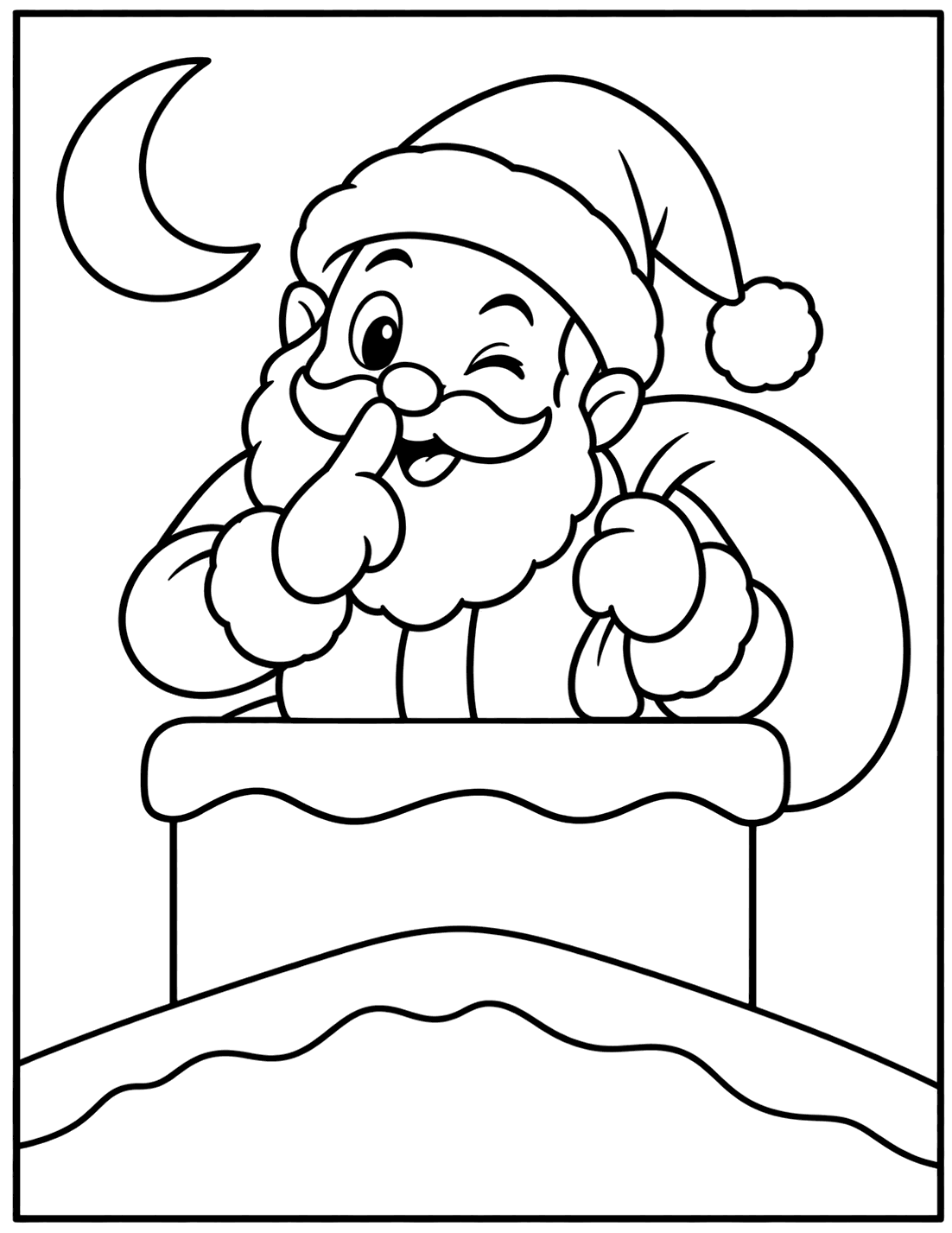 Outline drawing of Santa Claus winking with a finger beside his nose in a snowy chimney under a crescent moon