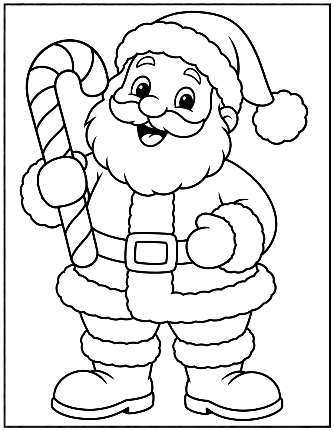 Outline drawing of Santa Claus holding a giant striped candy cane