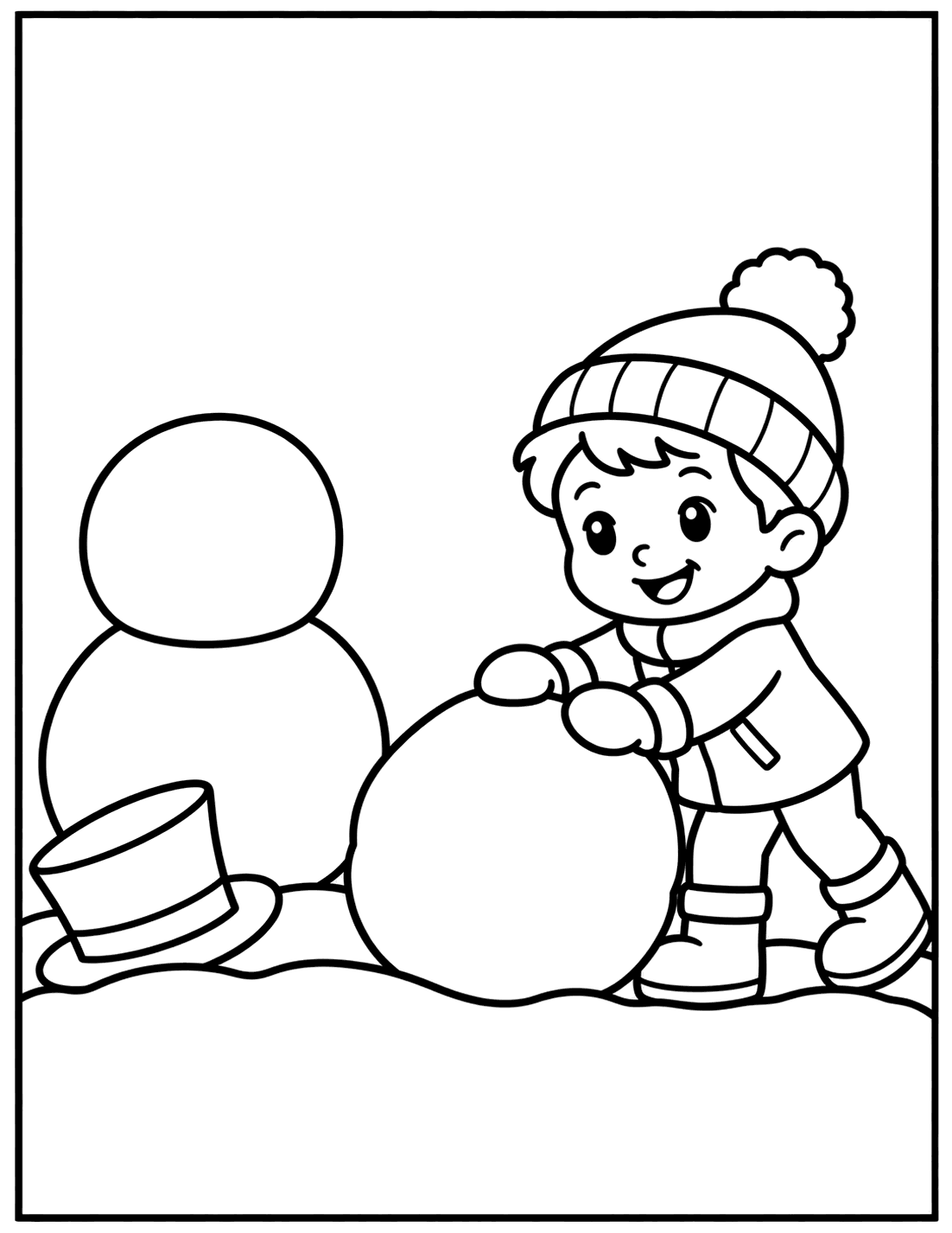 Outline drawing of a child rolling a big snowball to build a snowman, with a top hat in the snow