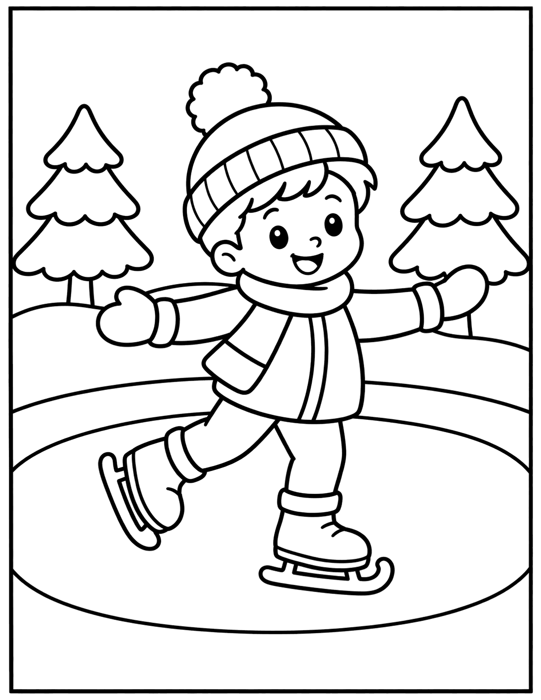 Outline drawing of a child ice skating on a frozen pond with pine trees behind