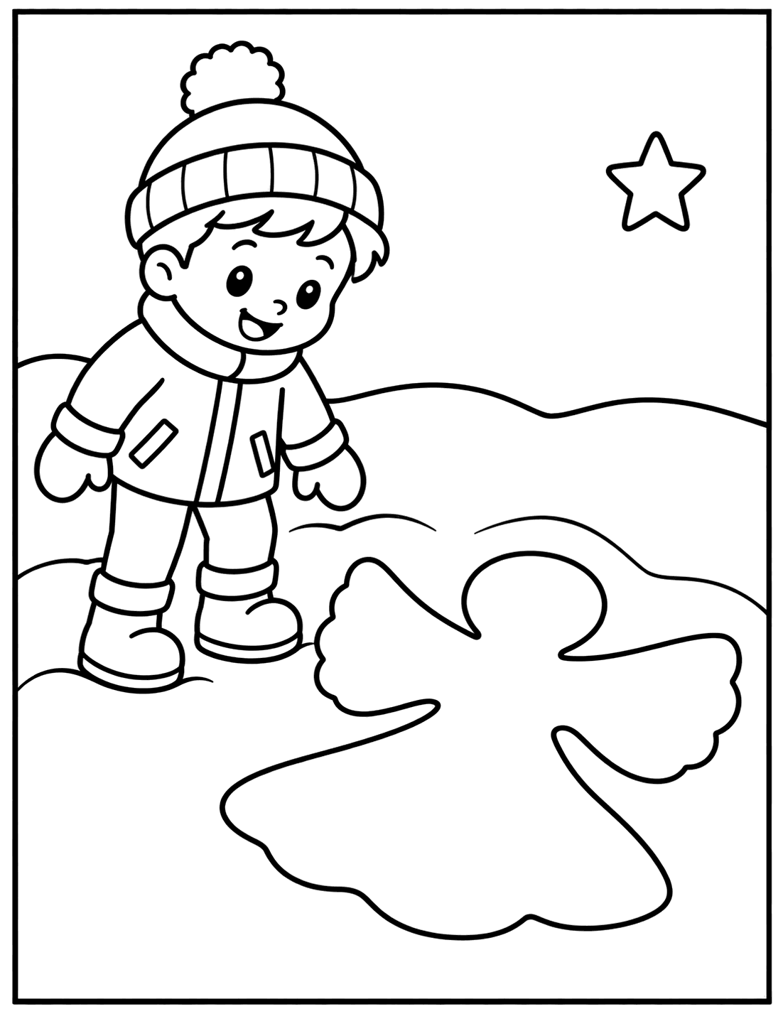 Outline drawing of a child looking at a snow angel shape in the snow