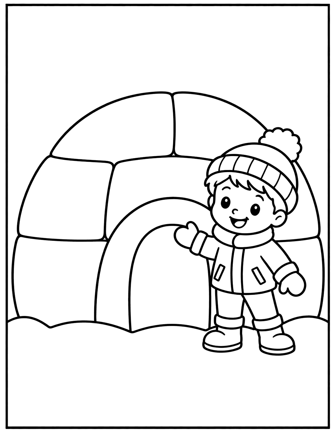 Outline drawing of a child waving beside an igloo made of ice blocks