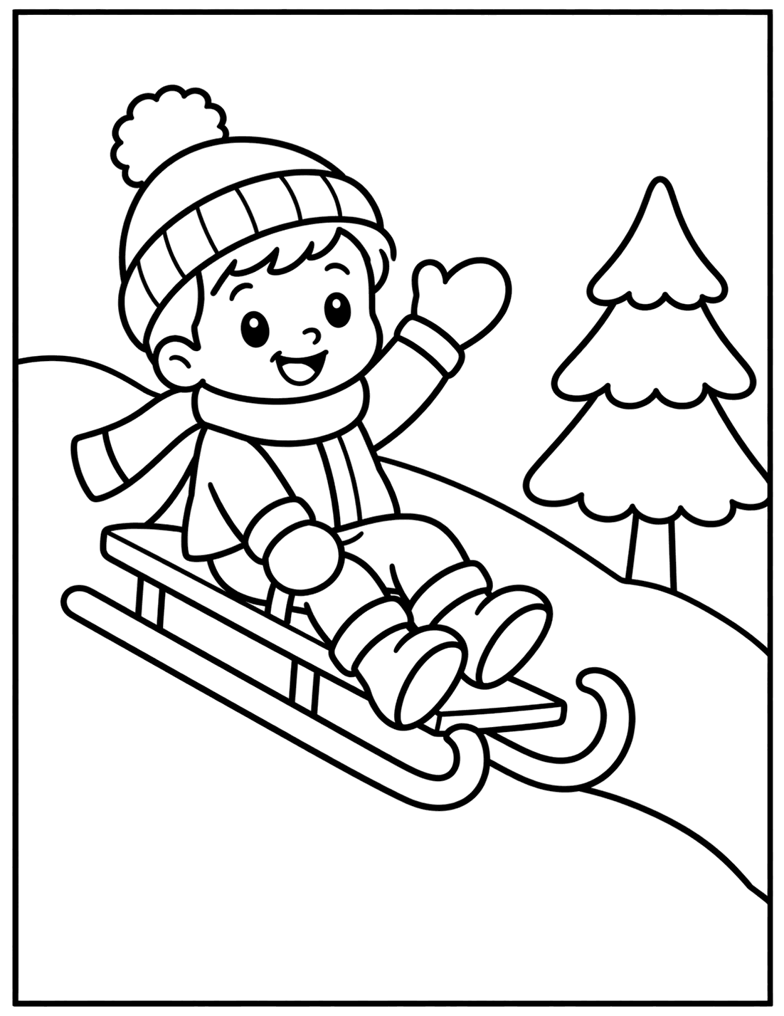 Outline drawing of a child on a sled sliding down a snowy hill with a pine tree