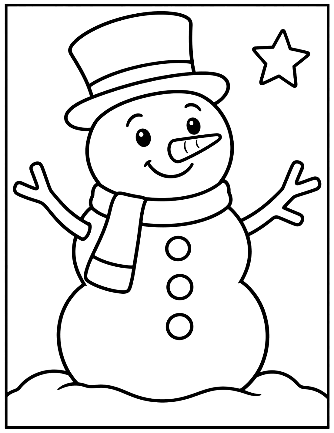Outline drawing of a smiling snowman with a top hat, scarf, carrot nose, stick arms, and three buttons