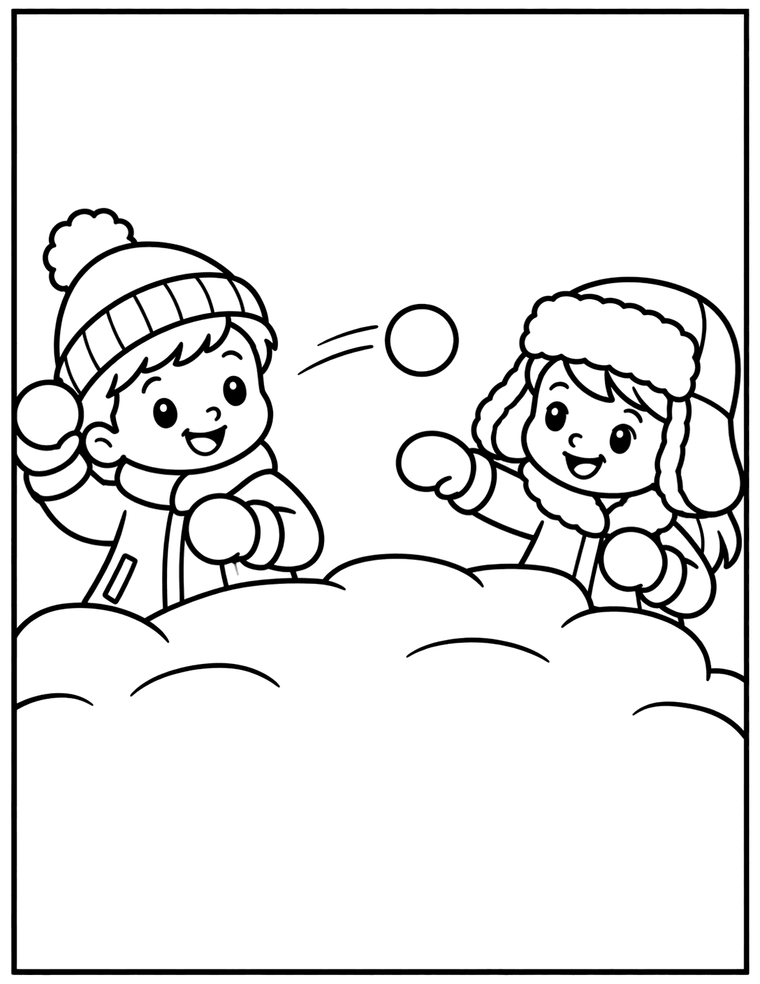 Outline drawing of two children in winter hats throwing snowballs at each other over a snow bank
