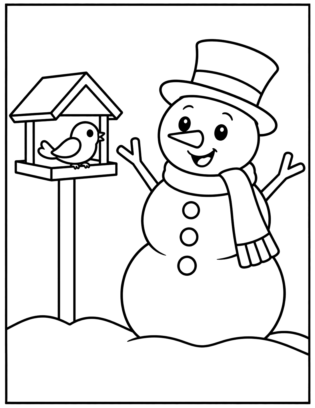 Outline drawing of a snowman waving beside a bird feeder with a bird inside