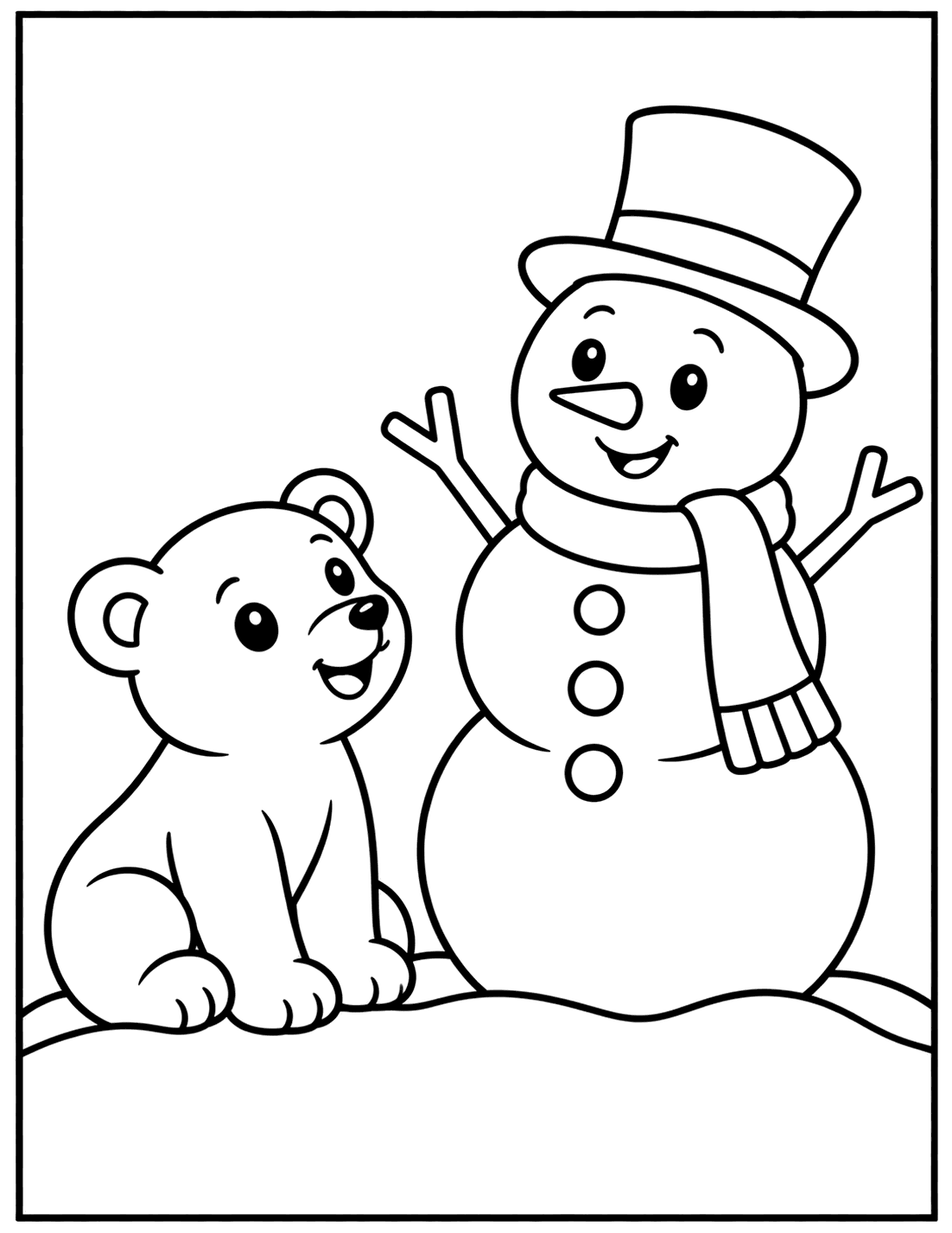 Outline drawing of a snowman in a top hat and scarf next to a smiling polar bear cub