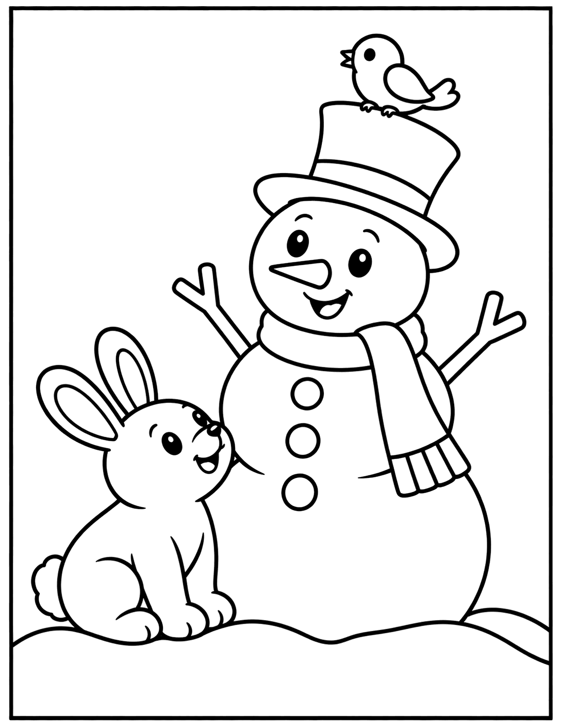 Outline drawing of a snowman with a bird on its top hat and a bunny sitting beside it