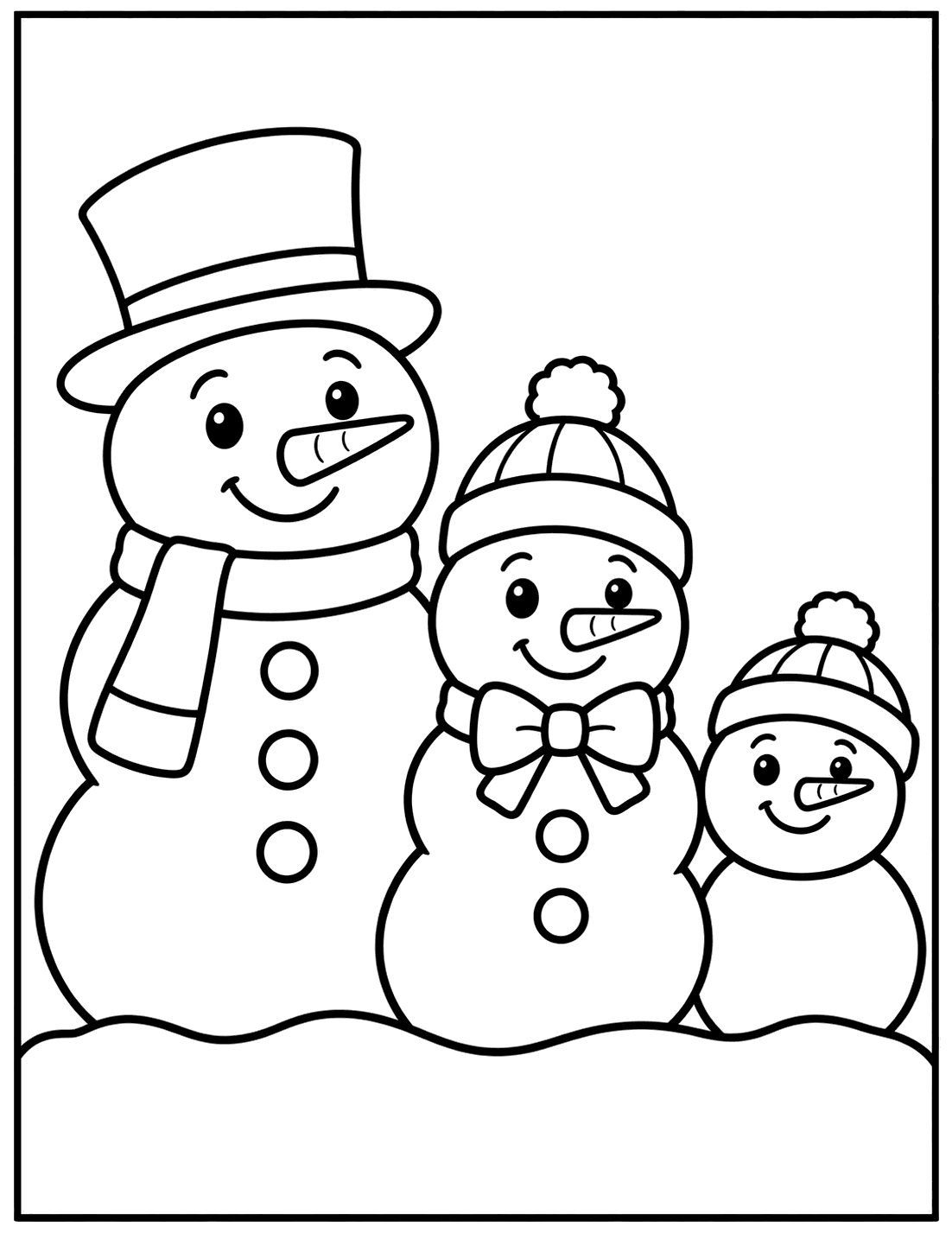 Outline drawing of three snowmen of different sizes, one in a top hat and two in knit pom-pom hats
