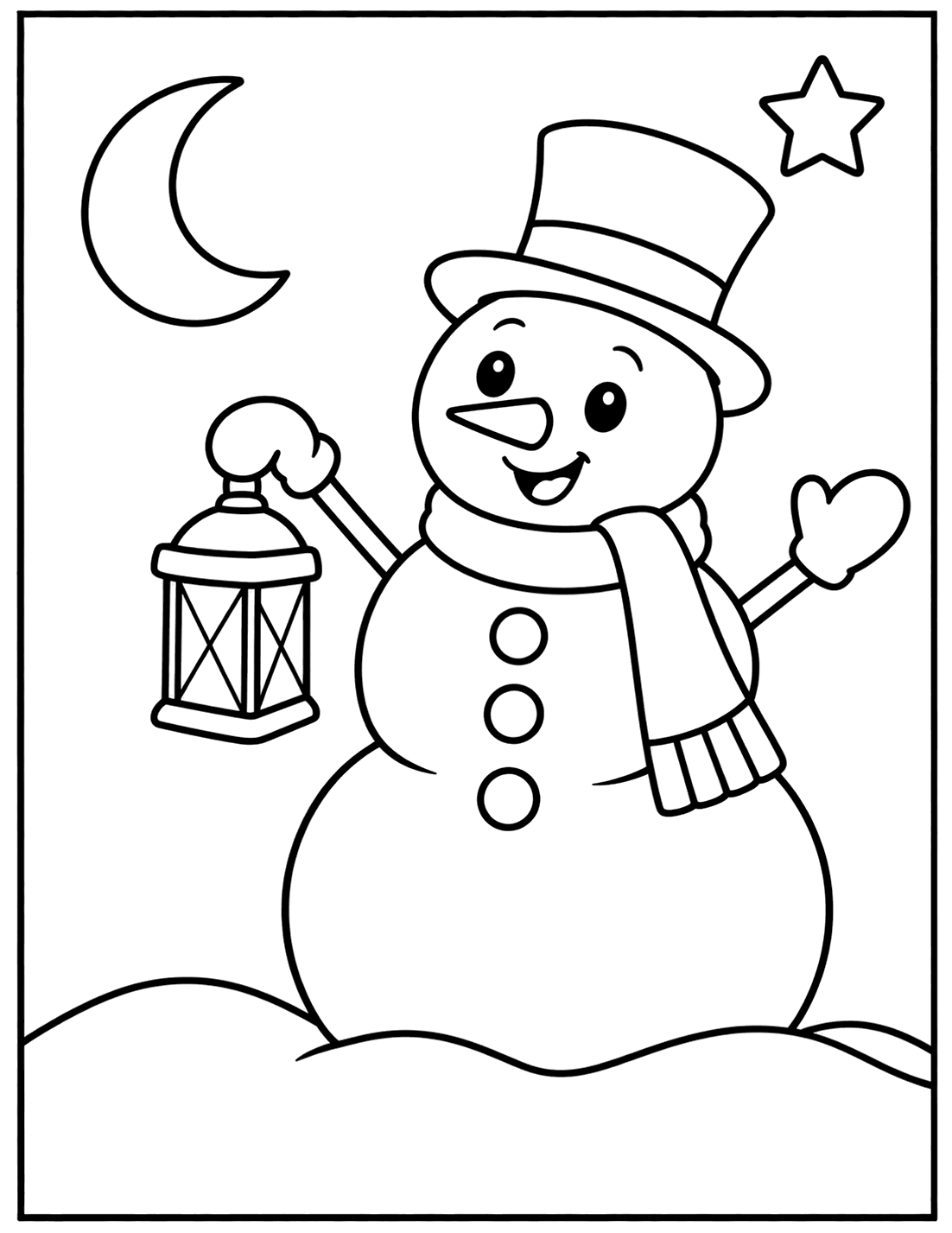 Outline drawing of a snowman holding a lantern under a crescent moon and a star