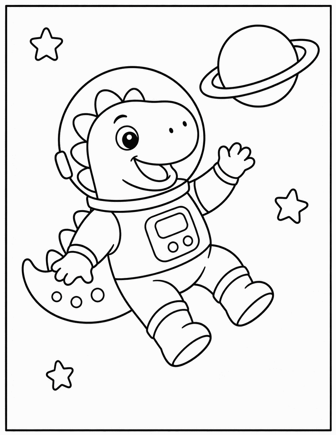 Outline drawing of a dinosaur astronaut in a space suit floating near a ringed planet and moon