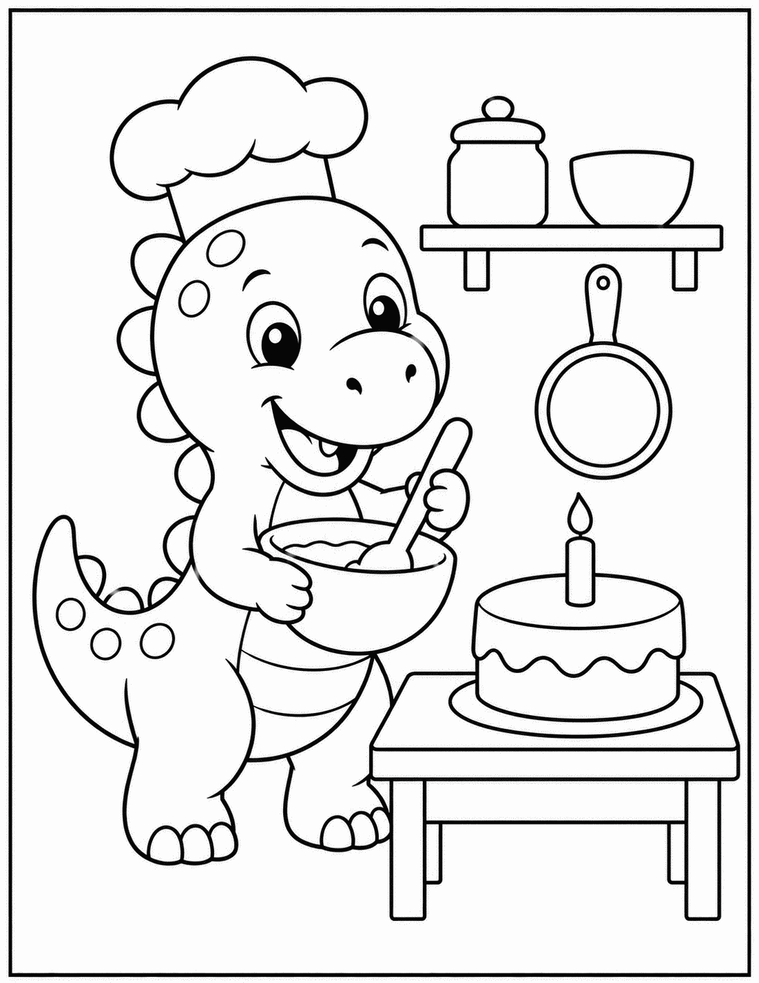 Outline drawing of a baby dinosaur wearing a chef hat baking a cake