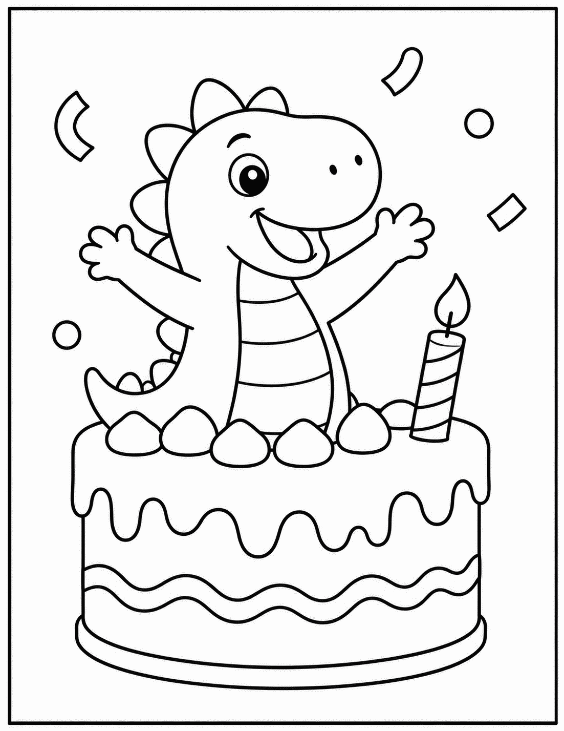 Outline drawing of a dinosaur popping out of a birthday cake with a candle and confetti