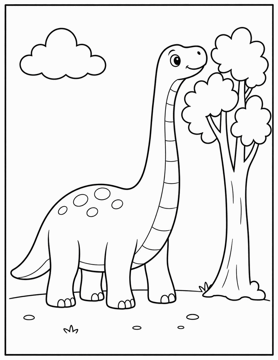 Outline drawing of a long-necked Brontosaurus reaching toward a leafy tree beside a cloud