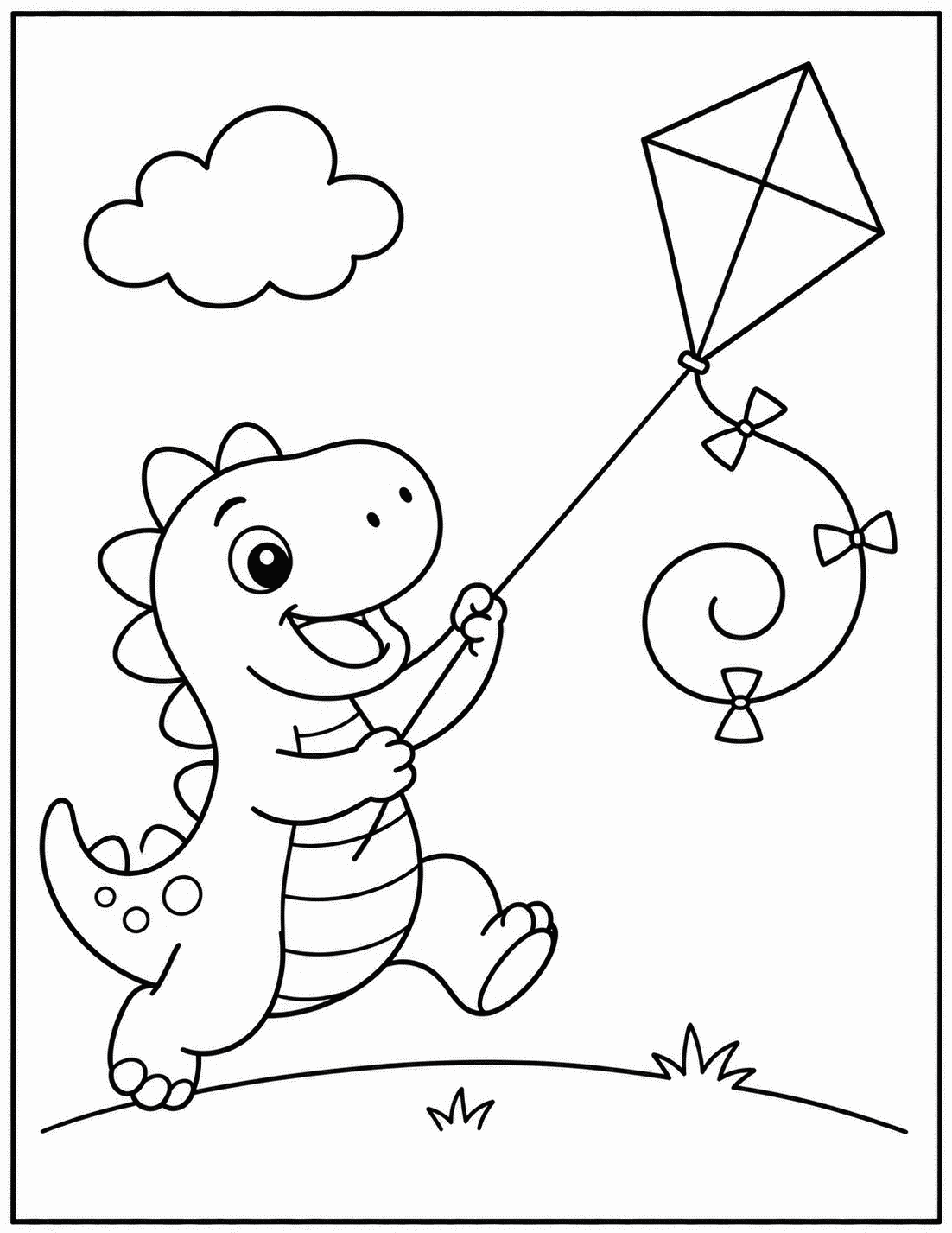 Outline drawing of a dinosaur running while flying a kite with a swirled tail and bows