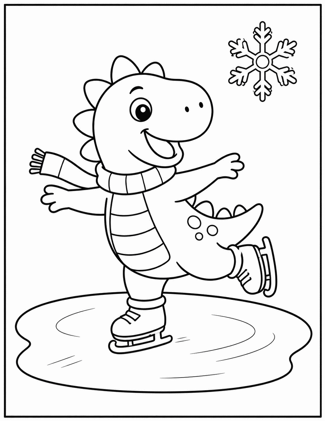 Outline drawing of a dinosaur wearing a scarf and ice skates gliding on an ice rink