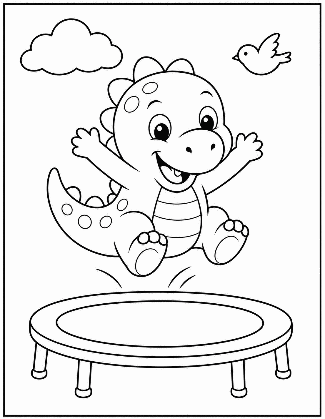 Outline drawing of a baby dinosaur bouncing on a trampoline next to a bird
