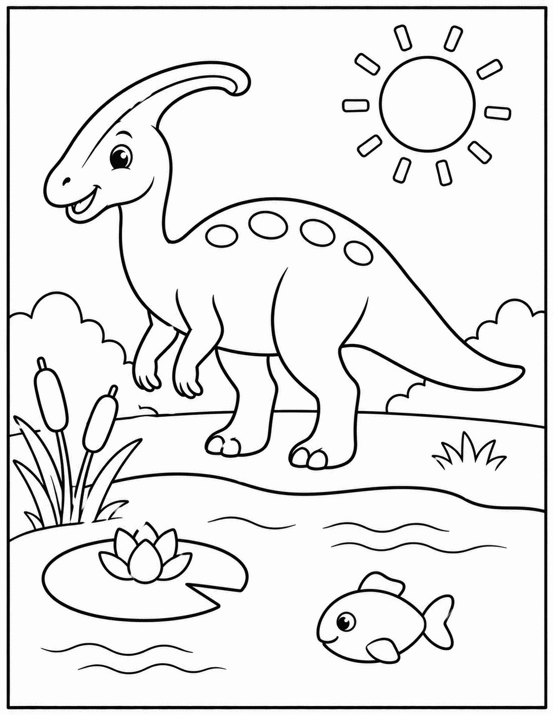 Outline drawing of a Parasaurolophus standing by a pond with a fish and lily pad