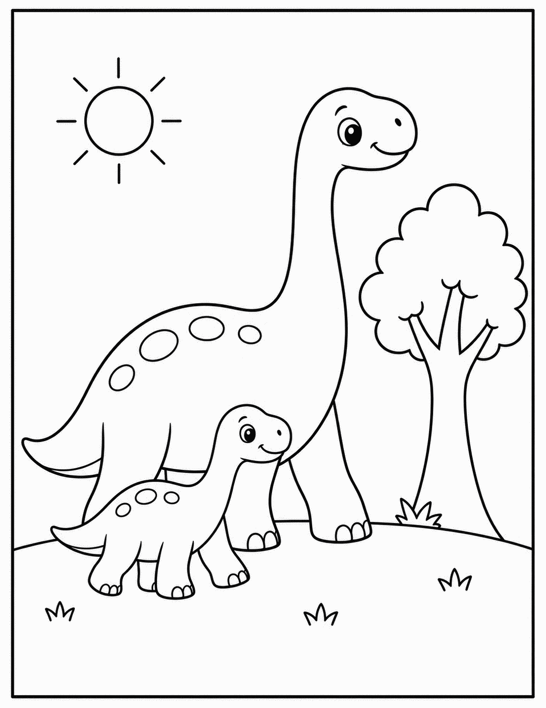 Outline drawing of a tall long-necked dinosaur walking beside its baby with a sun and tree nearby