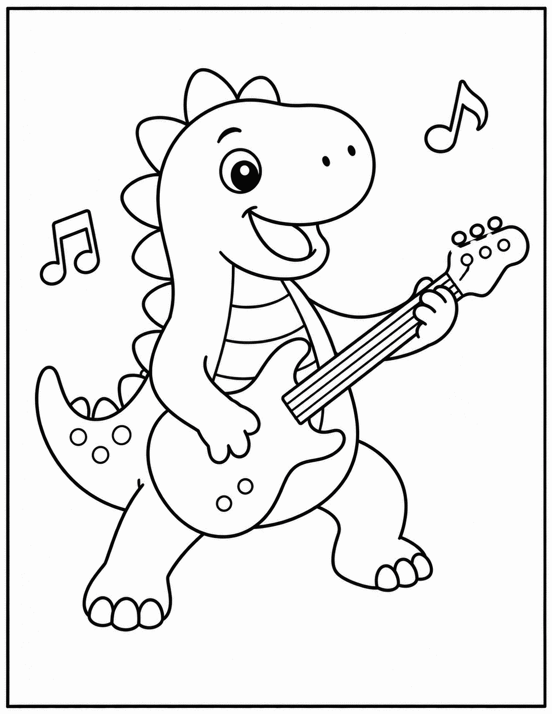 Outline drawing of a dinosaur playing an electric guitar with musical notes nearby