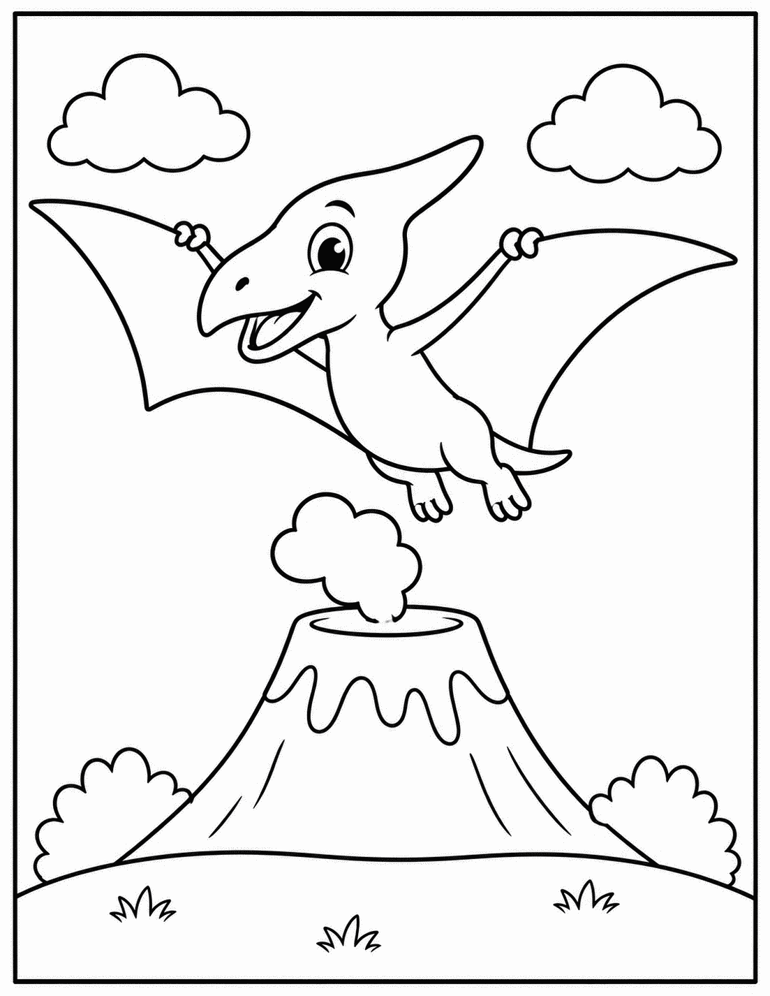 Outline drawing of a Pteranodon flying over a smoking volcano