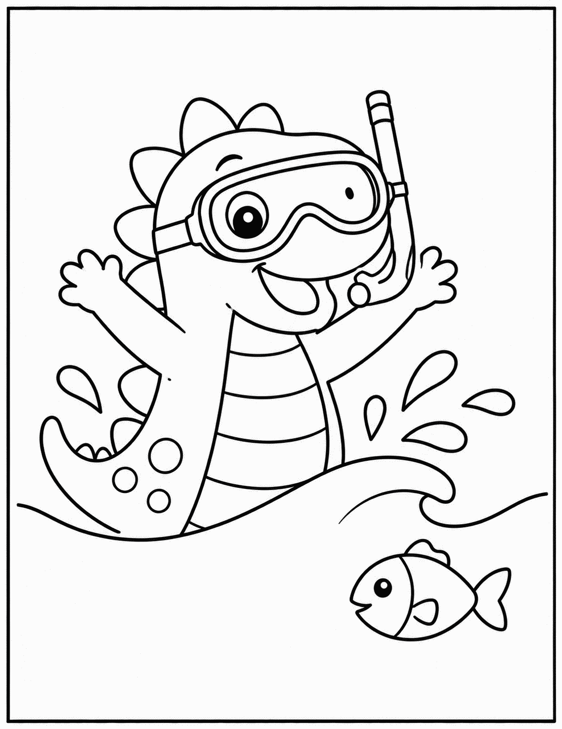Outline drawing of a dinosaur wearing a snorkel mask splashing in the water near a fish