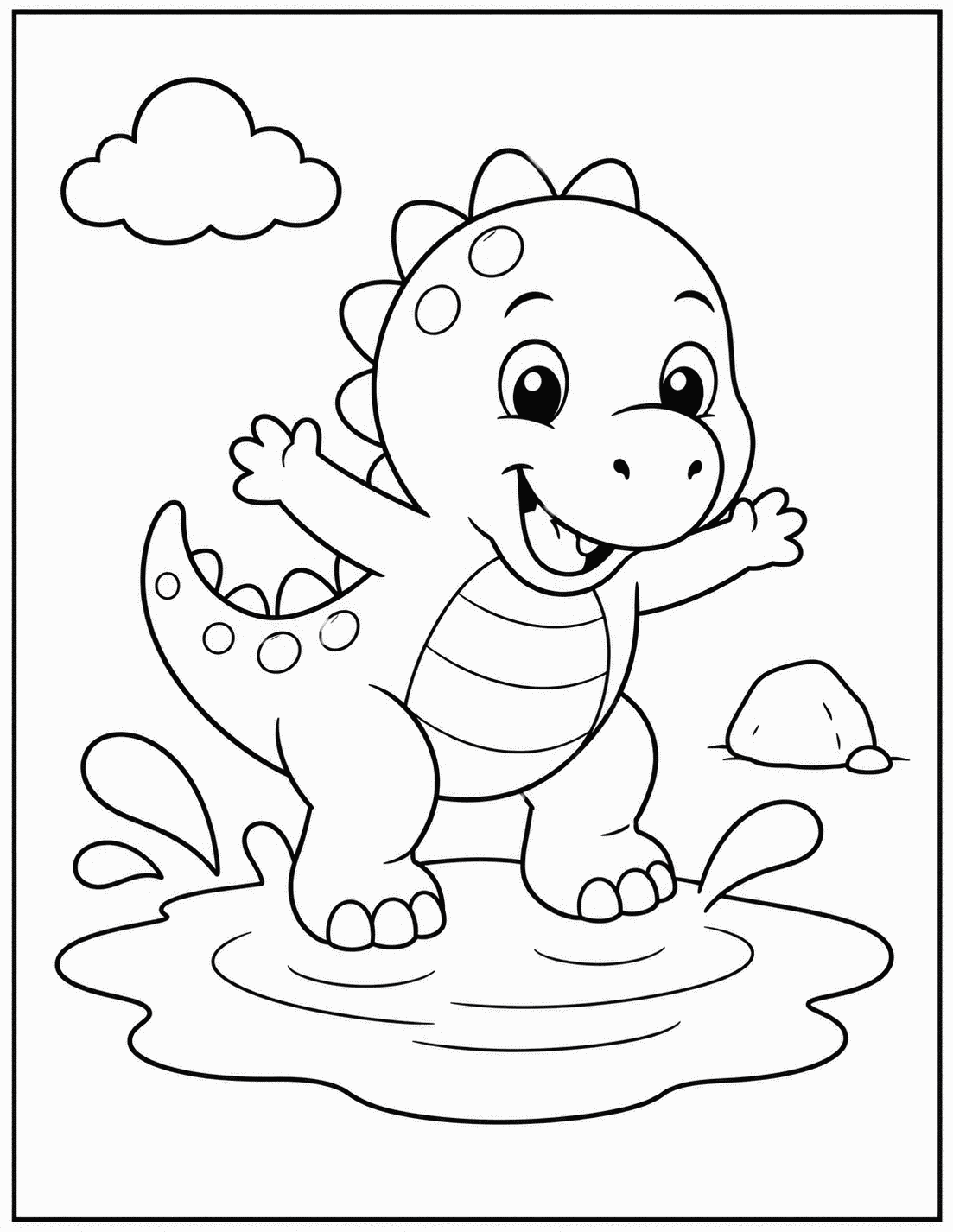 Outline drawing of a baby dinosaur jumping and splashing in a puddle